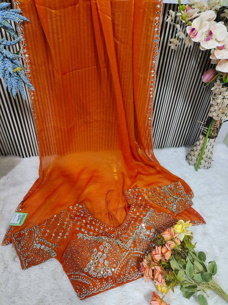 Shimmering Sage Green Organza Saree with Heavy Mirror Work Blouse