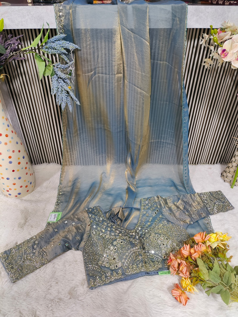 Shimmering Sage Green Organza Saree with Heavy Mirror Work Blouse