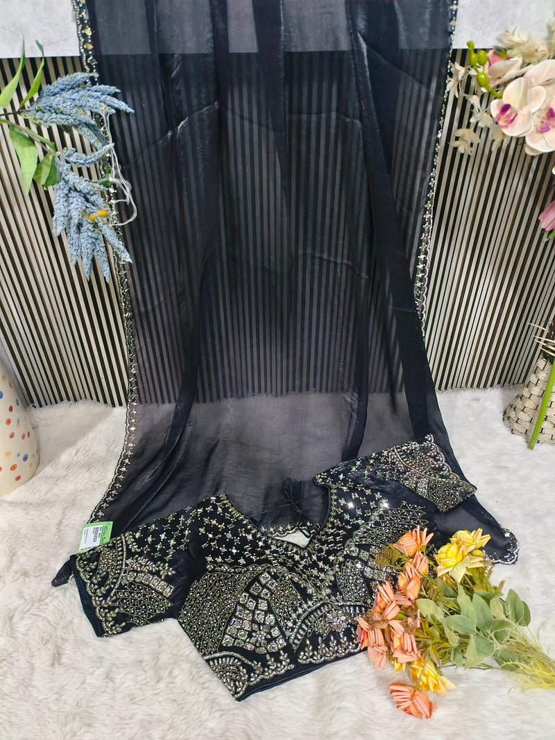 Shimmering Sage Green Organza Saree with Heavy Mirror Work Blouse