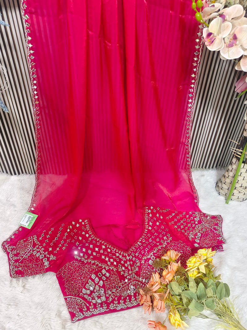 Shimmering Sage Green Organza Saree with Heavy Mirror Work Blouse