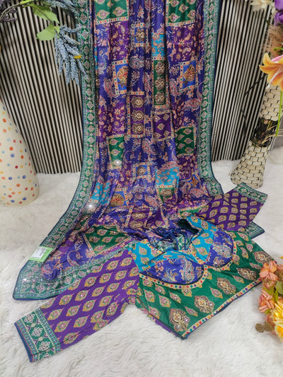 Enchanting Royal Purple Digital Print Saree with Intricate Sequin Border