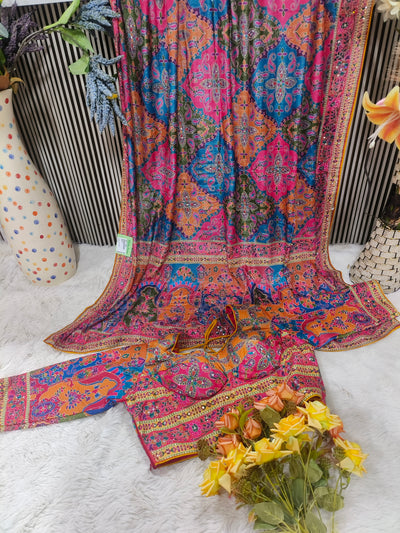 Vibrant Multicolour Mosaic Print Saree with Ornate Designer Border