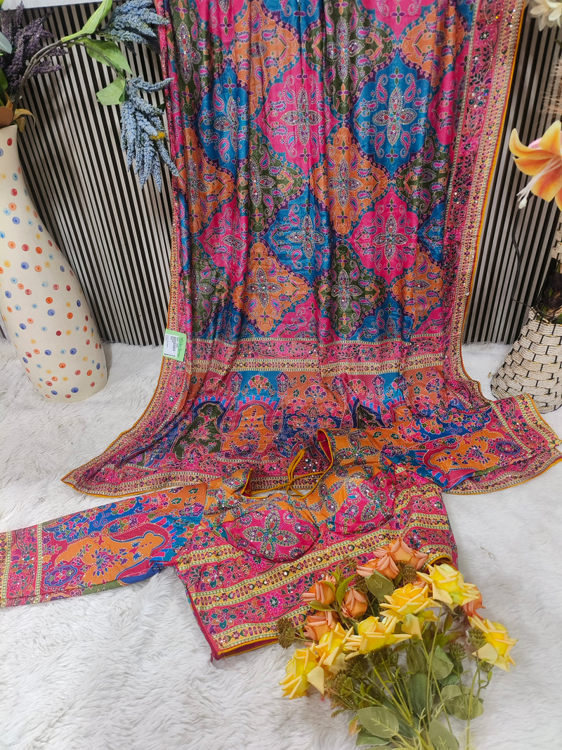 Vibrant Multicolour Mosaic Print Saree with Ornate Designer Border