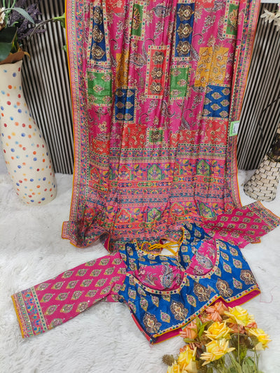 Stunning Magenta and Blue Patchwork Style Saree with Floral Digital Prints