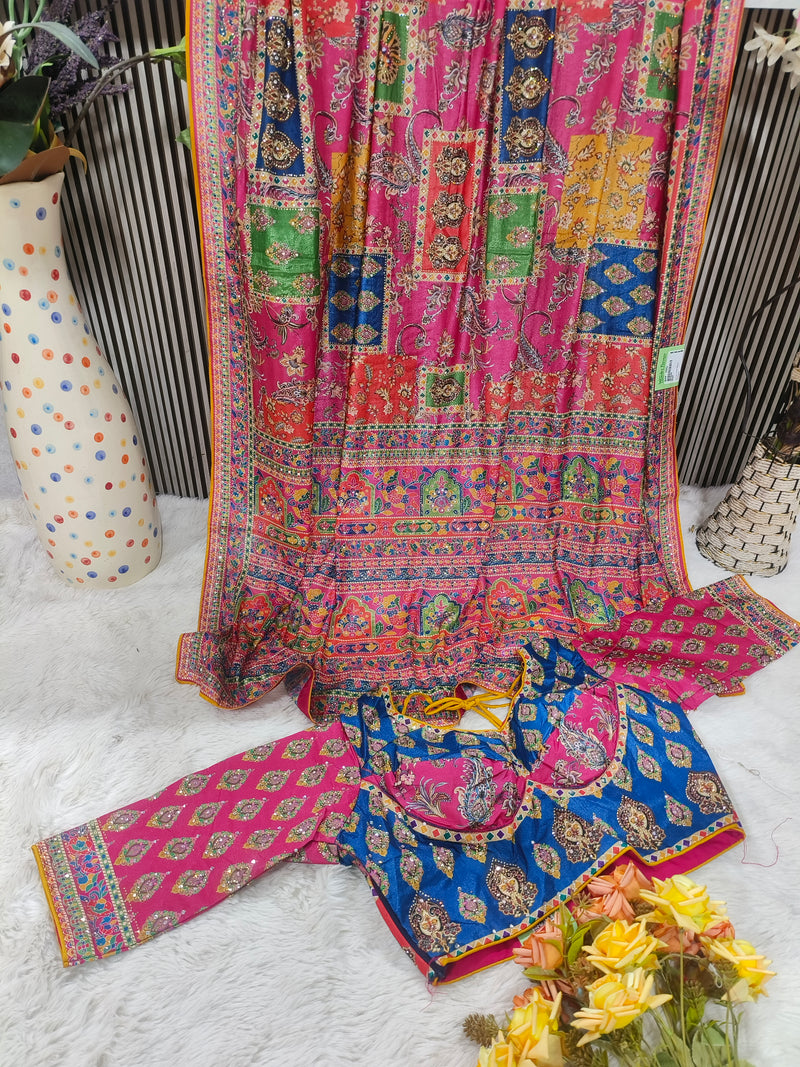 Stunning Magenta and Blue Patchwork Style Saree with Floral Digital Prints