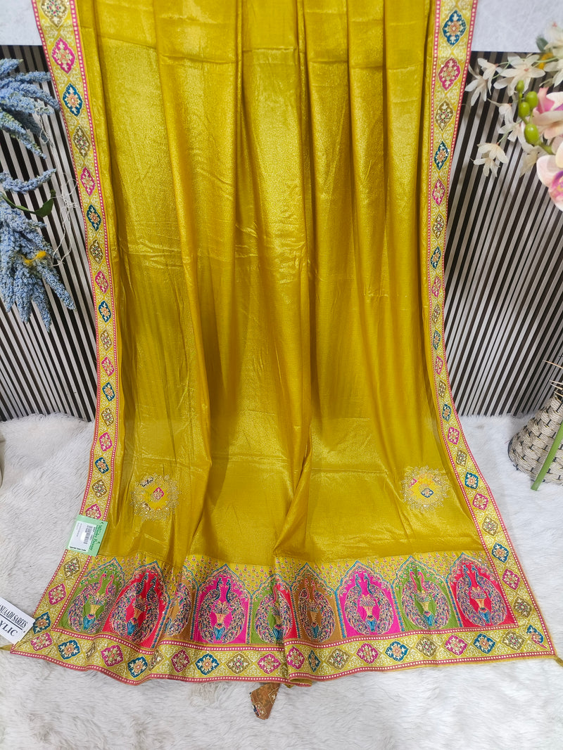 Ethereal Teal Blue Silk Blend Saree with Multi-Color Kalamkari Style Border
