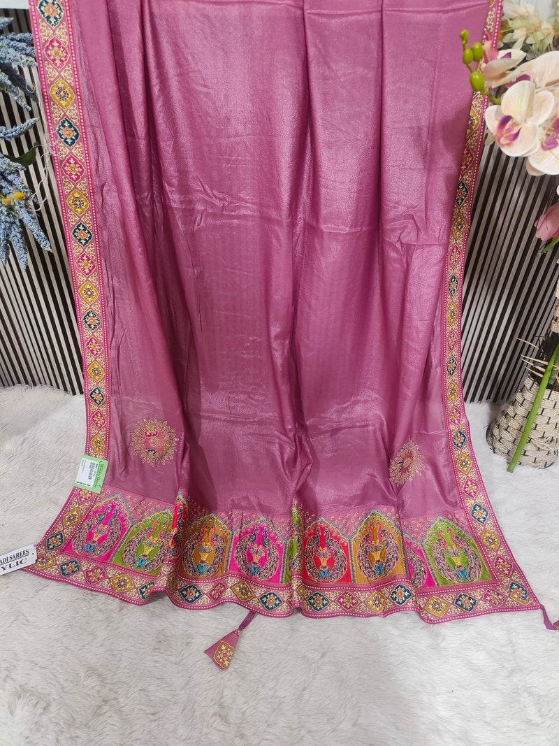 Ethereal Teal Blue Silk Blend Saree with Multi-Color Kalamkari Style Border