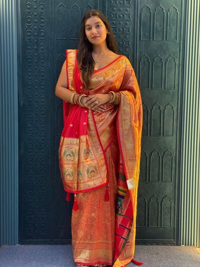 Vibrant Red Banarasi Silk Saree with Exquisite Peacock Zari Border