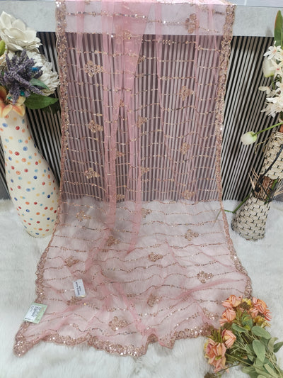 Elegant Peach Net Saree with Rose Gold Sequin Floral Embroidery