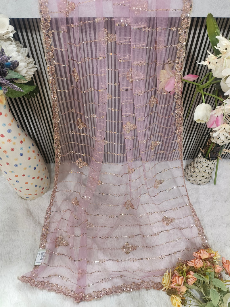 Elegant Peach Net Saree with Rose Gold Sequin Floral Embroidery