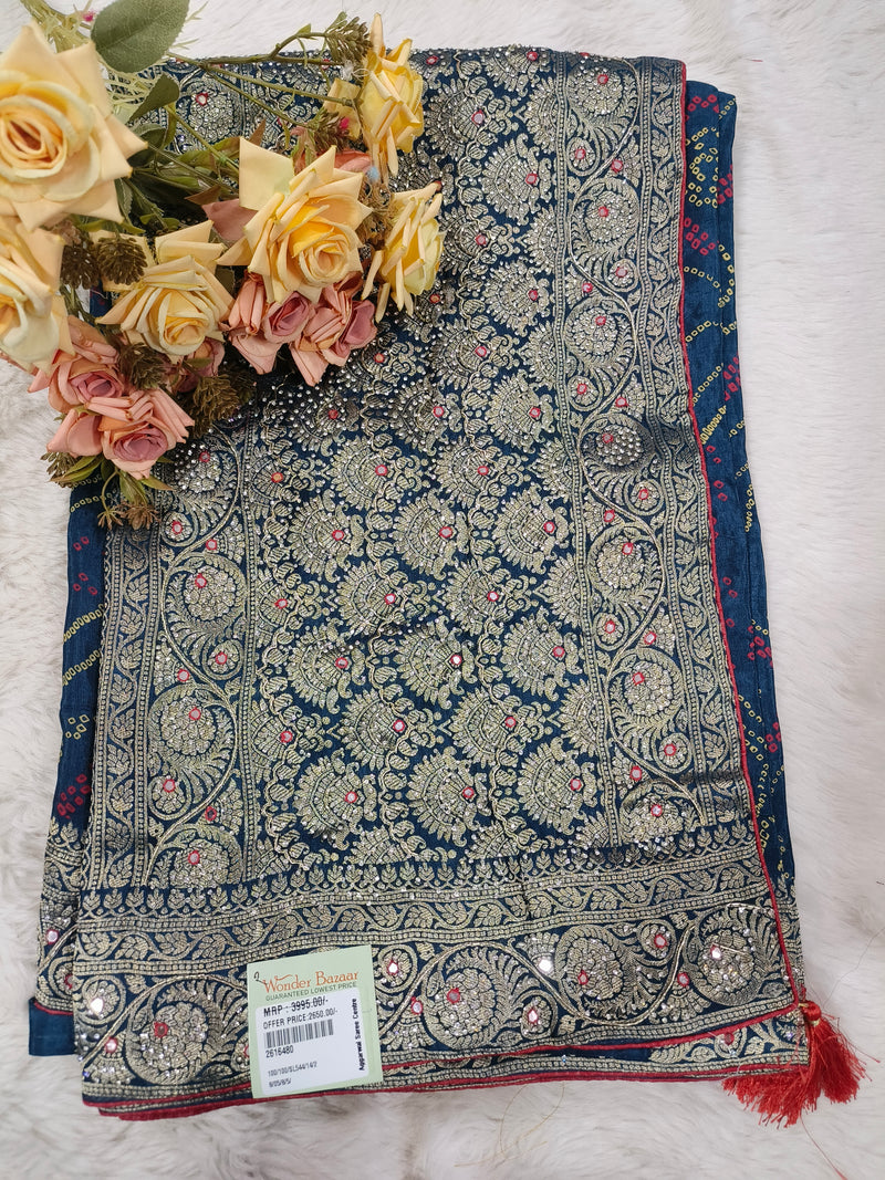 Regal Navy Blue Banarasi Silk Saree with Rich Gold Zari Floral Jaal