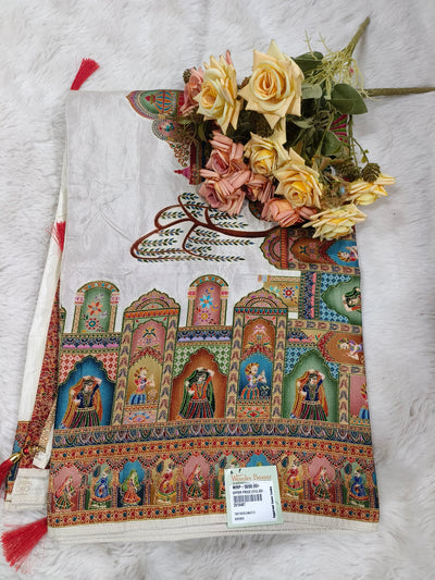 Artistic Off-White Silk Saree with Traditional Rajasthani Folk Motifs