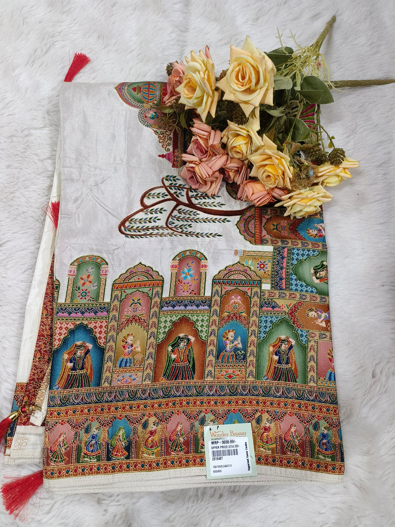 Artistic Off-White Silk Saree with Traditional Rajasthani Folk Motifs