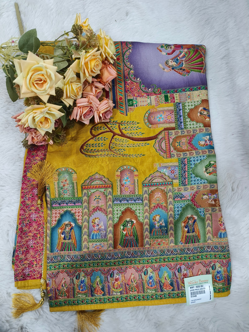 Artistic Off-White Silk Saree with Traditional Rajasthani Folk Motifs