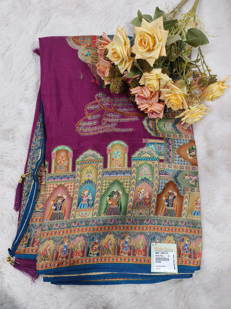 Artistic Off-White Silk Saree with Traditional Rajasthani Folk Motifs