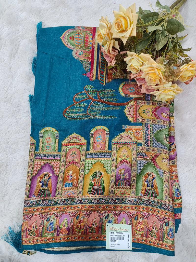 Artistic Off-White Silk Saree with Traditional Rajasthani Folk Motifs