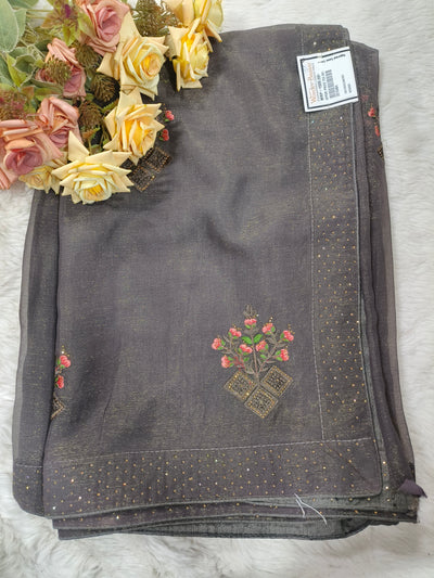 Sophisticated Charcoal Grey Saree with Floral Embroidery