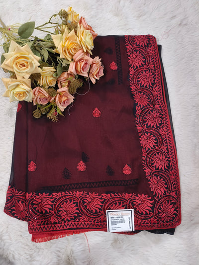 Elegant Burgundy Saree with Intricate Red Floral Border