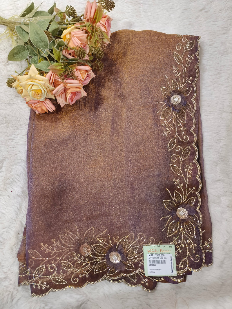 Glamorous Bronze Shimmer Tissue Organza Saree with Sequin Border