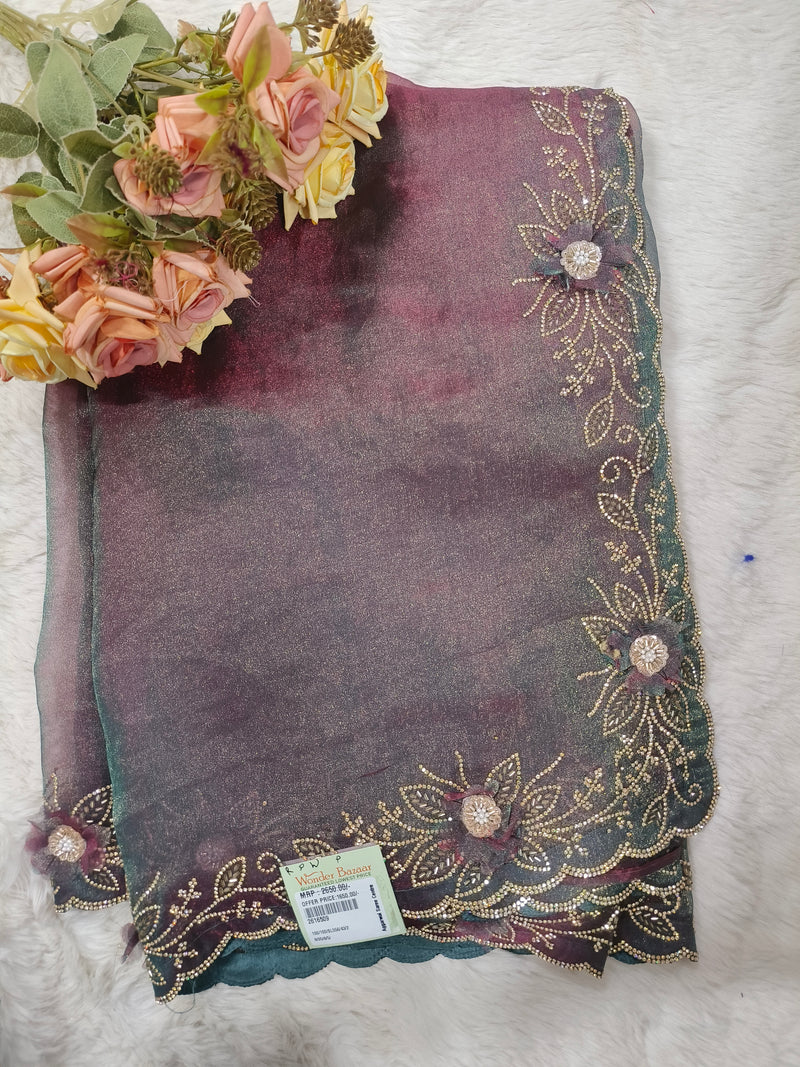 Glamorous Bronze Shimmer Tissue Organza Saree with Sequin Border