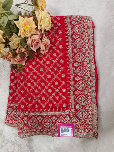 Vibrant Crimson Red Georgette Saree with All-Over Diamond Zari Embroidery