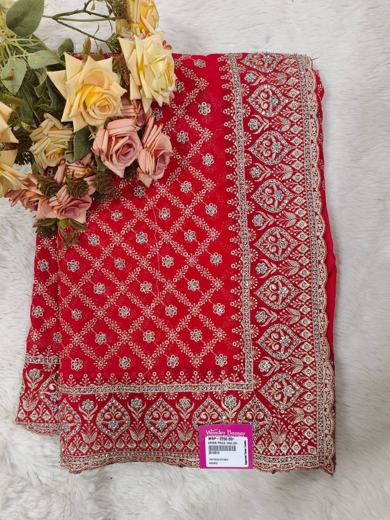 Vibrant Crimson Red Georgette Saree with All-Over Diamond Zari Embroidery