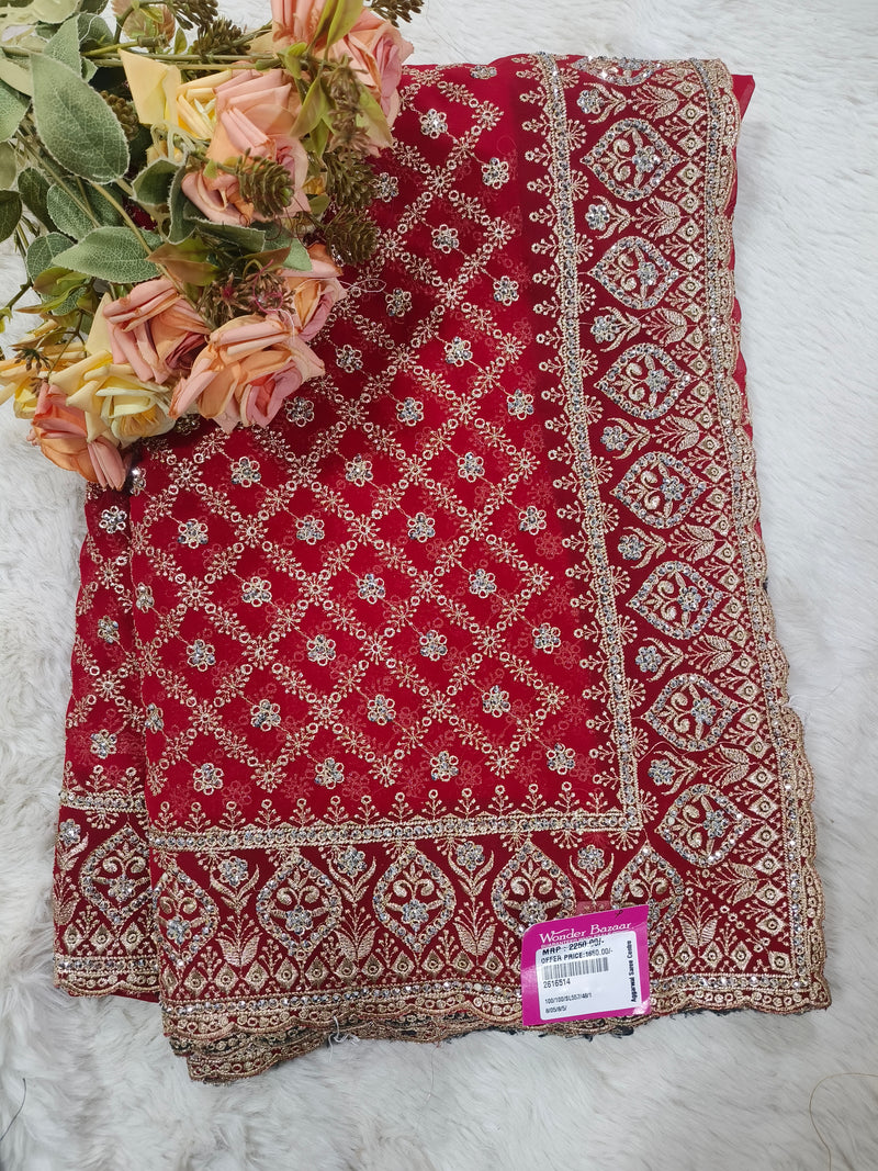 Vibrant Crimson Red Georgette Saree with All-Over Diamond Zari Embroidery