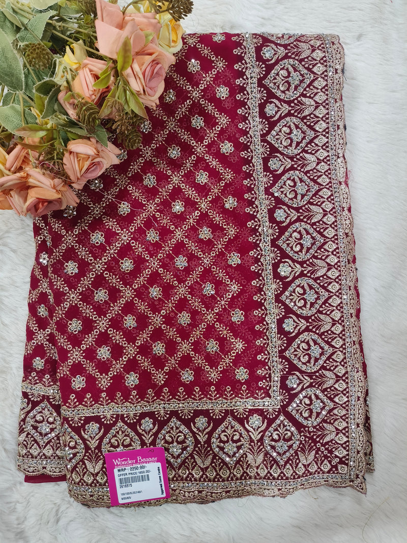Vibrant Crimson Red Georgette Saree with All-Over Diamond Zari Embroidery