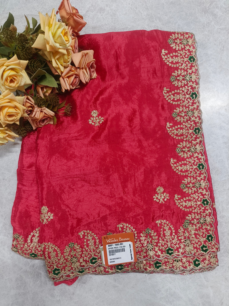 Radiant Deep Pink Silk Saree with Scalloped Zari and Green Accents