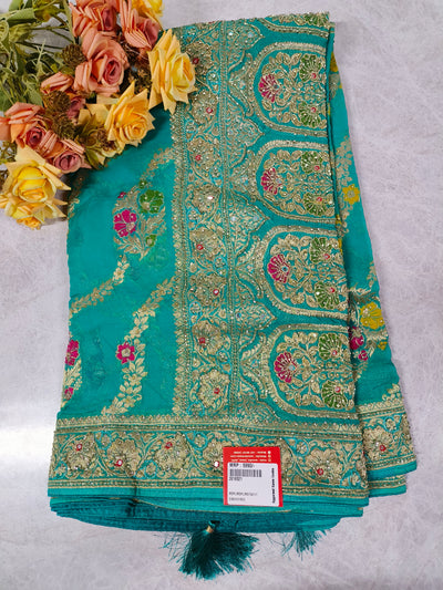Radiant Teal Georgette Saree with Intricate Gold Zari and Floral Mirror Work