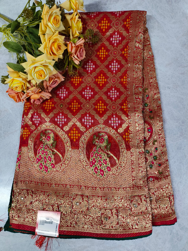 Exquisite Red Bandhani Saree with Royal Peacock Motifs and Zari Border