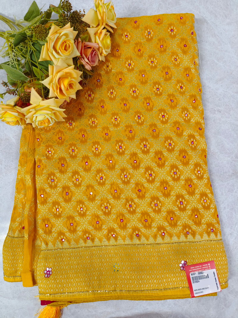 Vibrant Sun-Yellow Chiffon Saree with Delicate Mirror Work and Brocade Border
