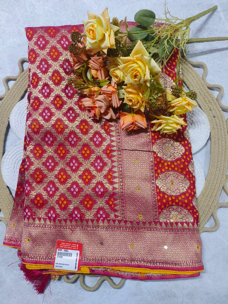 Royal Red Bandhani Print Dola Silk Saree with Gold Weave