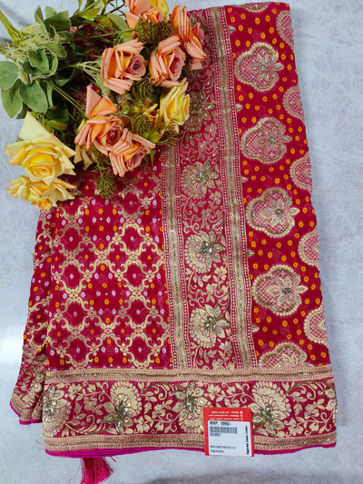 Vibrant Red Bandhani Georgette Saree with Rich Gold Zari Border