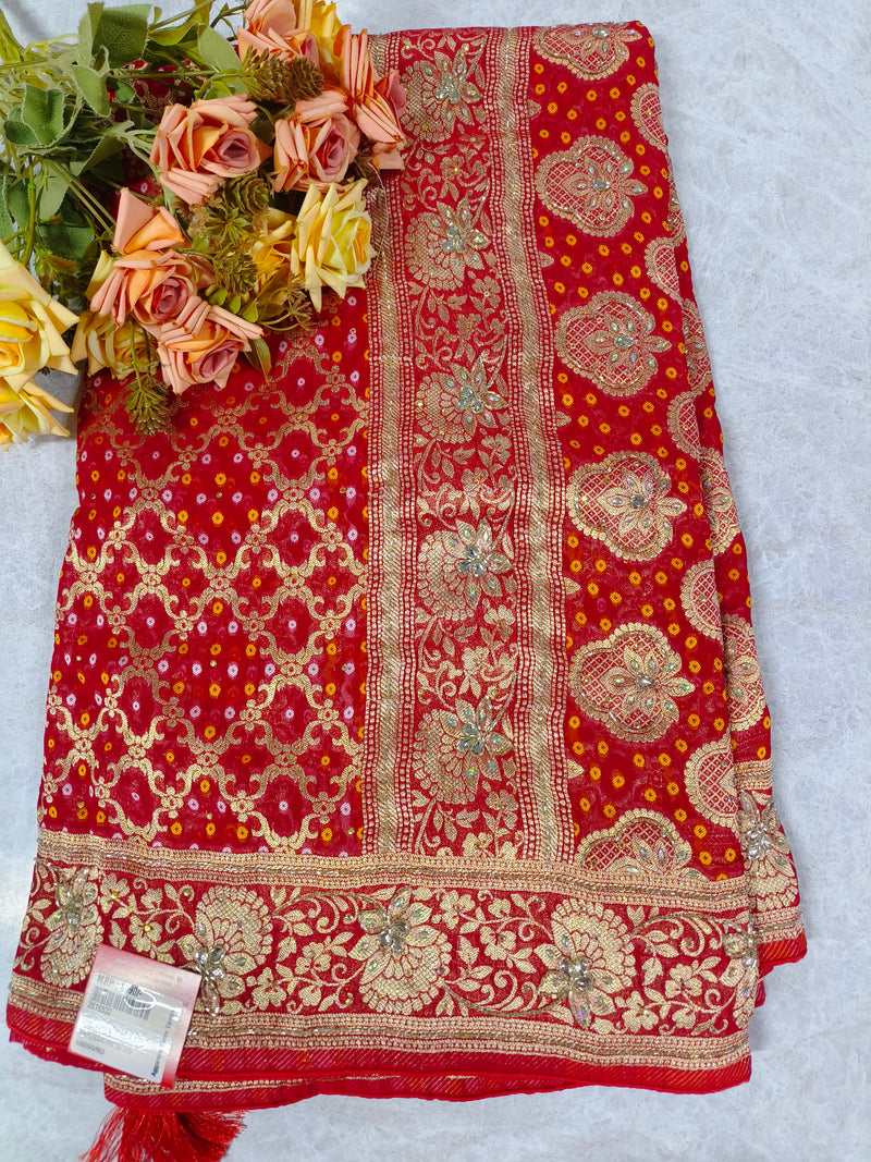 Vibrant Red Bandhani Georgette Saree with Rich Gold Zari Border