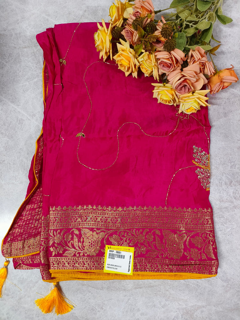 Elegant Fuchsia Pink Silk Georgette Saree with Delicate Gold Accents