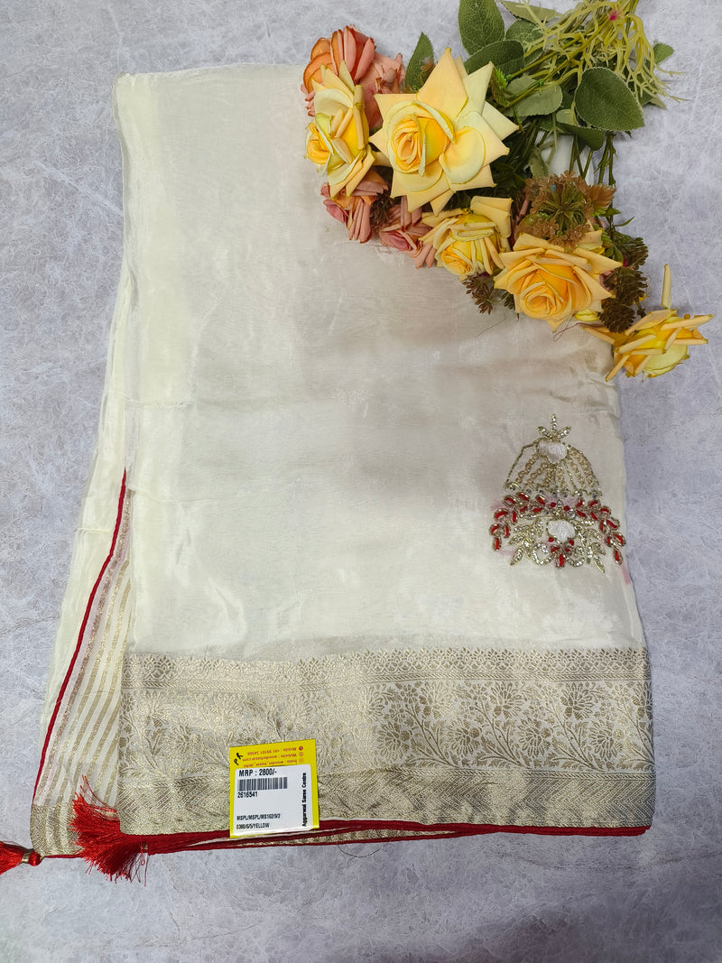 Divine Off-White Saree with Red Floral Embroidery and Zari Work