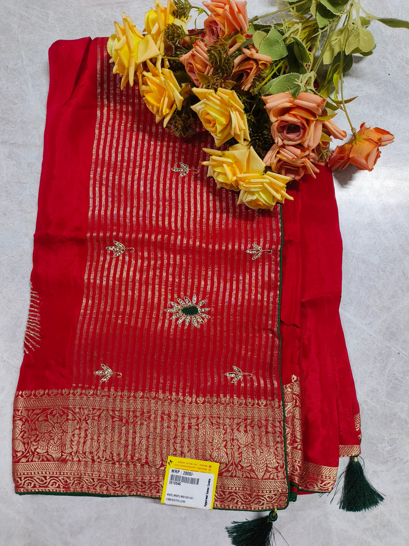 Classic Red Striped Silk Saree with Golden Zari Border and Embroidered Motifs