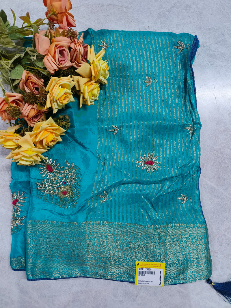 Classic Red Striped Silk Saree with Golden Zari Border and Embroidered Motifs
