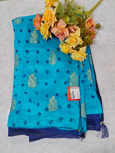 Refreshing Turquoise Blue Saree with Navy Border and Gold Foil Buttis