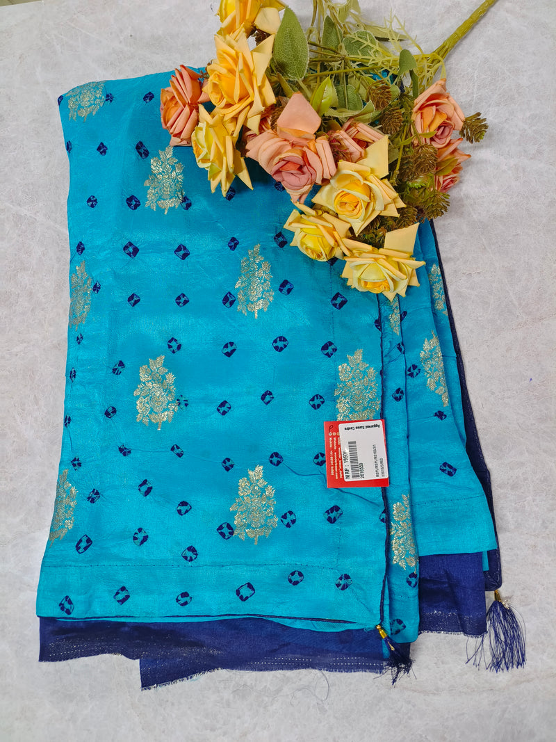 Refreshing Turquoise Blue Saree with Navy Border and Gold Foil Buttis