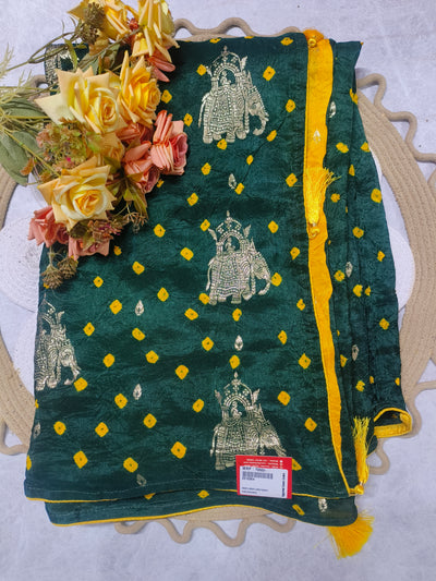 Majestic Bottle Green Bandhani Saree with Golden Elephant Zari Motifs