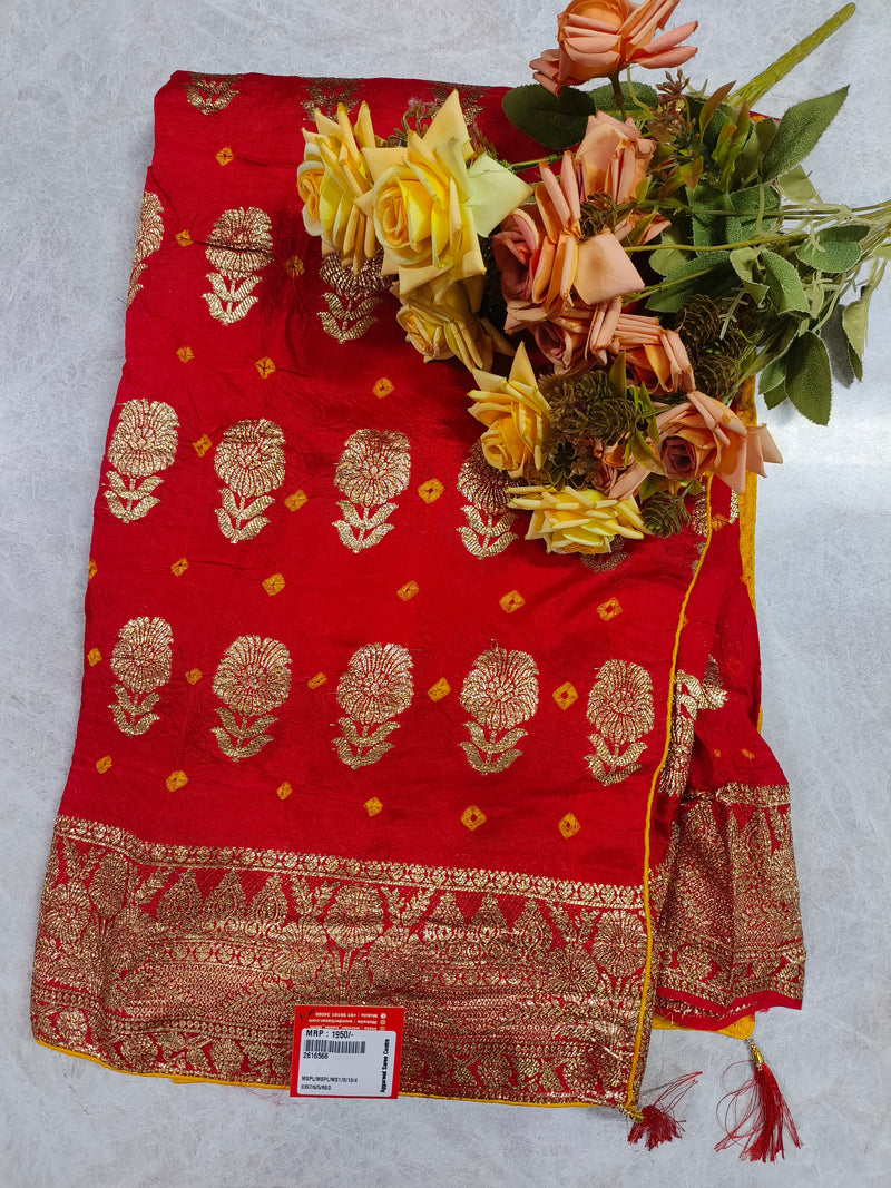 Vibrant Mustard Yellow Bandhani Saree with Intricate Gold Floral Zari Border