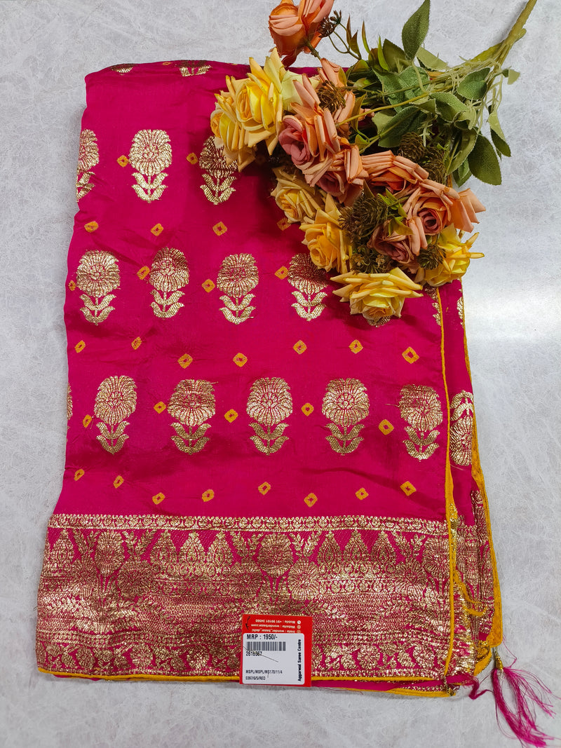 Vibrant Mustard Yellow Bandhani Saree with Intricate Gold Floral Zari Border
