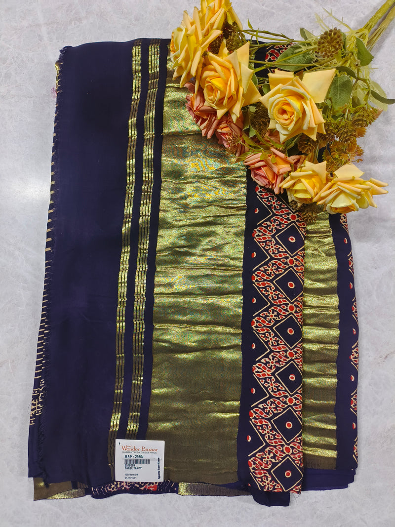 Sophisticated Midnight Blue Saree with Metallic Gold Lurex Panel