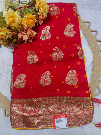 Elegant Deep Red Bandhani Saree with Golden Paisley Zari Motifs
