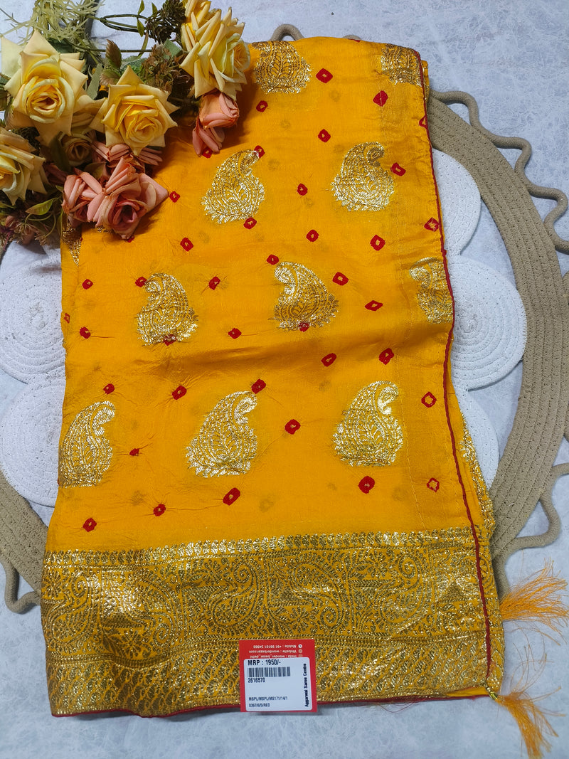 Elegant Deep Red Bandhani Saree with Golden Paisley Zari Motifs