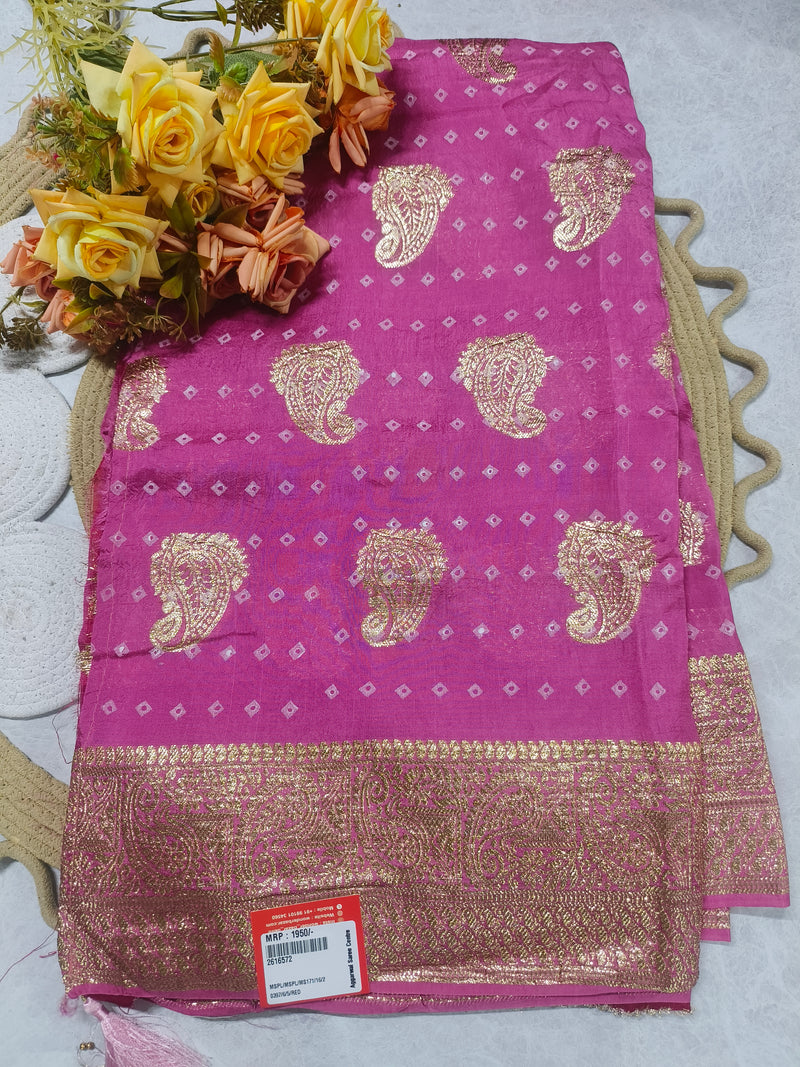 Elegant Deep Red Bandhani Saree with Golden Paisley Zari Motifs