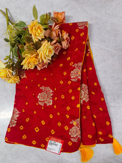 Radiant Crimson Red Saree with Gold Zari Florals and Yellow Tassels