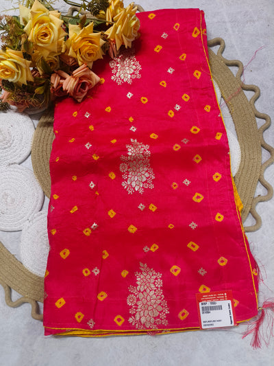 Traditional Crimson Red Bandhani Saree with Gold Floral Medallions